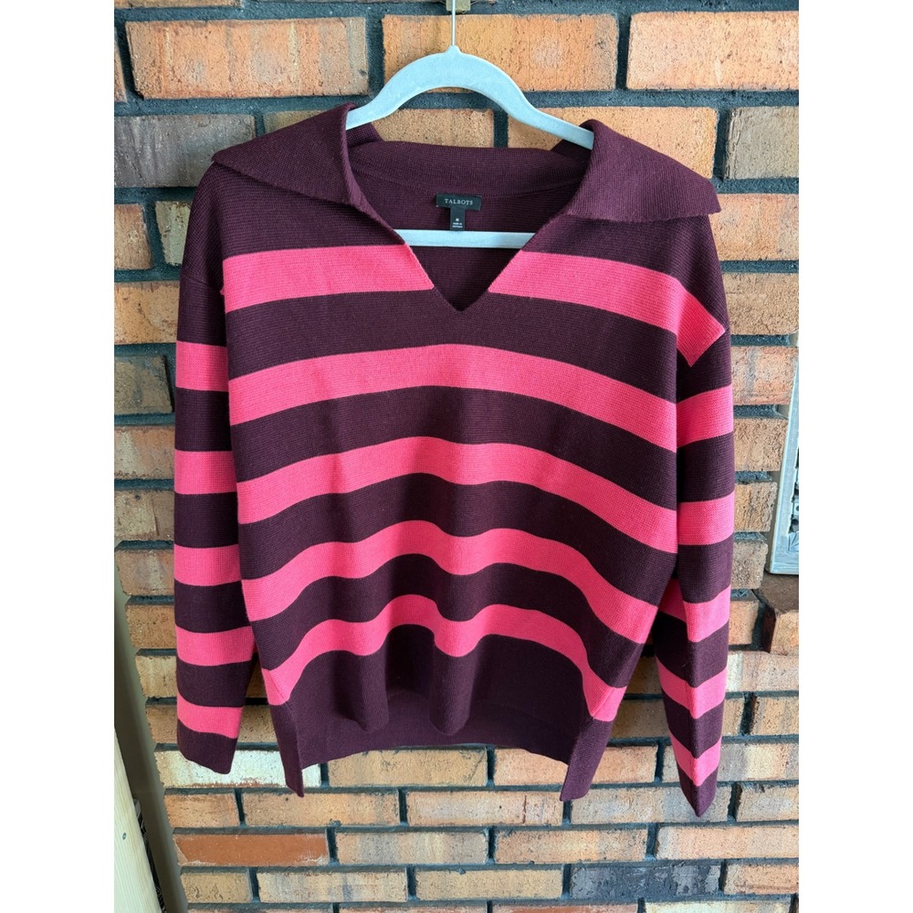 Talbots Women's Burgundy Pink Striped Wool Blend Johnny Collar Sweater Size M